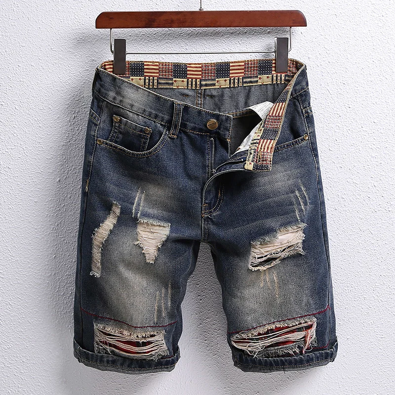 

Summer Vintage Washed Men Denim Shorts Casual Fashion Street Wear Ripped Hole Patches Distressed Male Straight Jeans Shorts