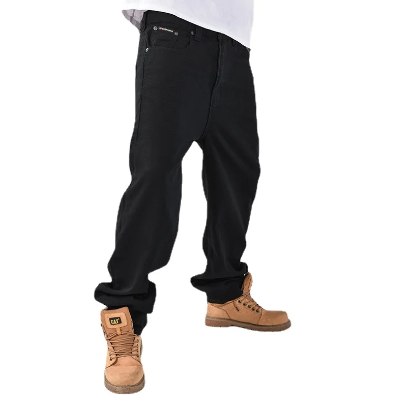Mens Jeans Trend Autumn New Loose Fat Hip-hop Large Skateboard Pants Full Length Straight Solid Color Denim Trousers