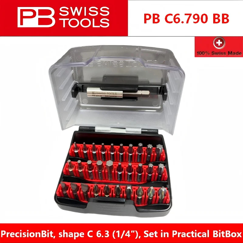 Фото Набор инструментов PB Swiss Tools, 30 шт., закаленные биты C6.3 E6.3, смешанные, с защитой от скручивания, шлицевые, Torx, Phillips, Pozidriv, в кейсе PB C6.790 BB №1