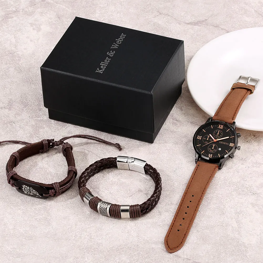 Fashion Casual Quartz Watch for Men Brown Leather Wolf Braided Watch Bracelet Gfit Set for Men Boyfriend Regalos Para Hombre