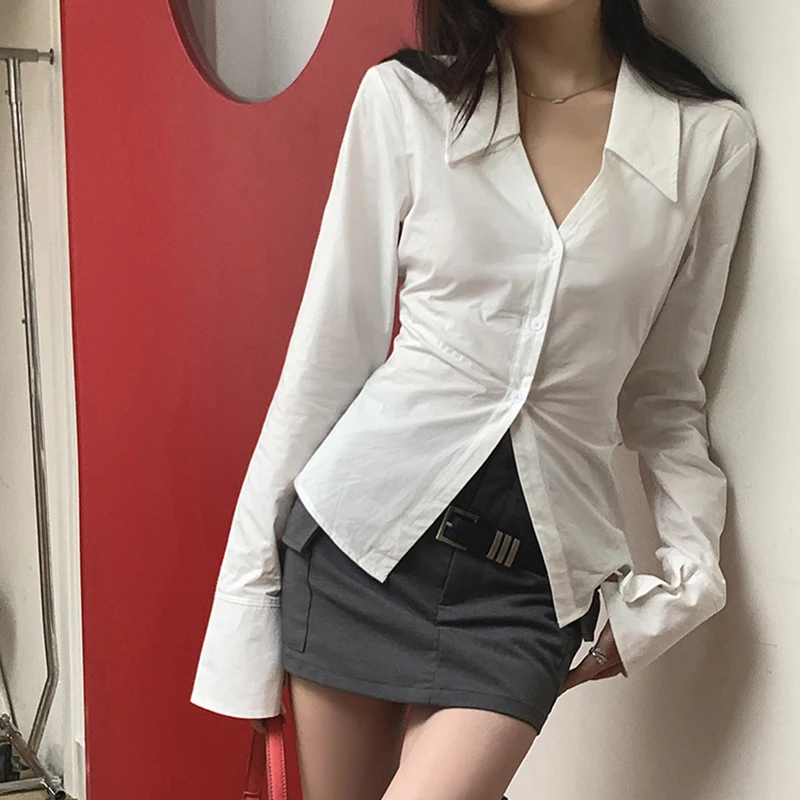 

2023 New Chic Women's Shirts White Flare Sleeve Blouses Femme Spicy Girl Slim Elegant And Young V-Neck Cotton Blusas Top Mujer