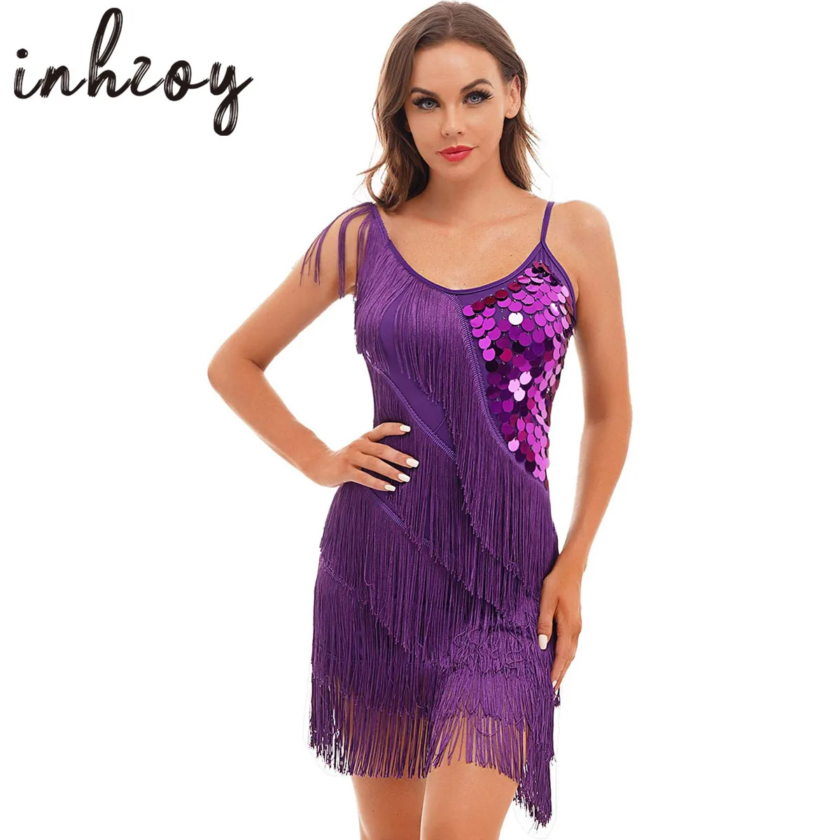 

Women's Sequin Dance Dresses Latin Salsa Tango Dress Tassels Skirt Glitter Fringe Dress Ballroom Rumba Cha Cha Party Dancewear