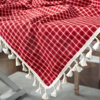 retro small plaid kitchen tablecloth with tassel rectangular round table cover cloth props picnic tablecloth 1pcs