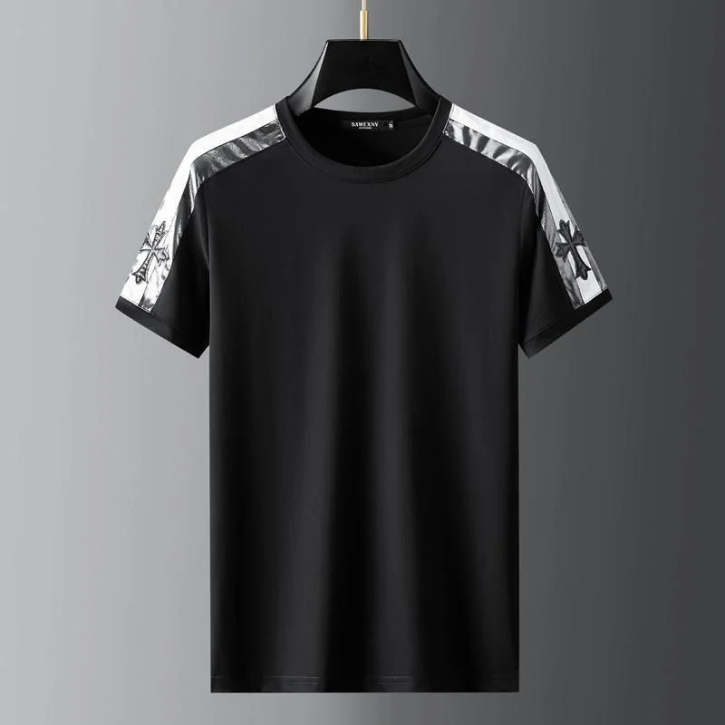 

trend European station splicing short sleeve t-shirt men's summer new round neck handsome sports top high-end casual half sleeve
