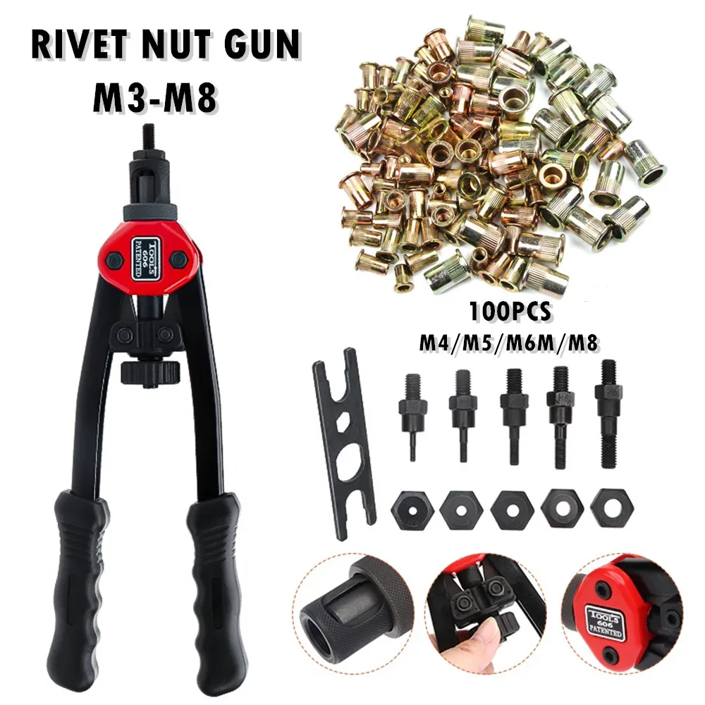 100Pcs Flat Head Riveting Nut Set with 1Set Hand Threaded Rivet Nut Gun With BT606 Insert Manual Riveter Riveting Rivnut Tool