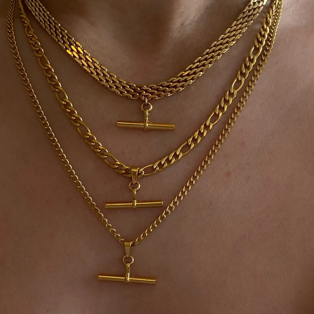 

18k Stainless Steel T Pendant Basic Necklace Adjustable Cuban Chain Figaro Neck Strap Necklace Light Luxury Punk Unusual Jewelry