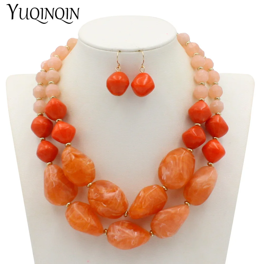 

New Multilayer Beads Choker Necklaces&Earrings Set for Women Big Resin Beaded Chain Necklaces&Drop Earring Fashion Jewelry Set