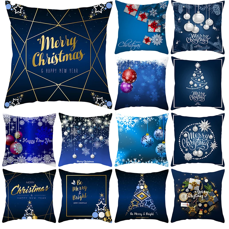 

Christmas blue series printed square pillow cushion cover car sofa office chair pillowcase simple home decoration ornaments