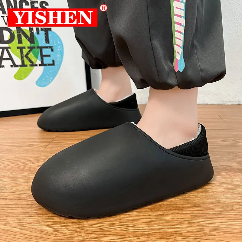YISHEN Slippers For Men Waterproof Slides Winter Warm Fur Short Plush Home Slipper Bedroom Indoor Couple Shoes Non Slip Platform
