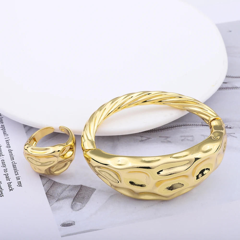 

24K Gold Plated Twisted Bracelet Bangle Cuff Finger Rings Jewelry Set Indian Africa Women Wedding Party Bridal Birthday Gifts
