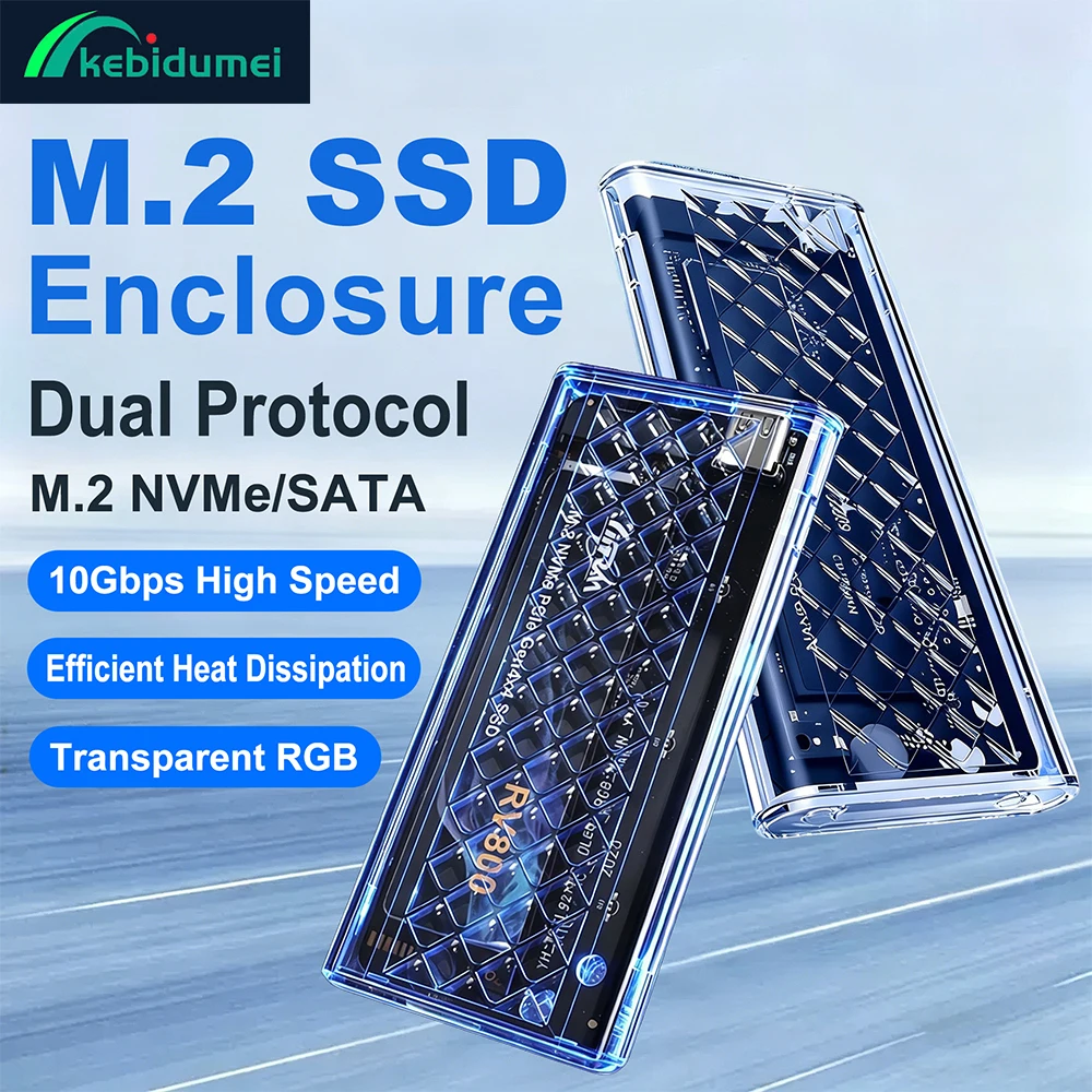 Фото Внешний корпус-адаптер Kebidumei M.2 SATA NVMe SSD 10 Гбит/с USB3.2 с прозрачной RGB-подсветкой для накопителей M Key и M&B Key №2
