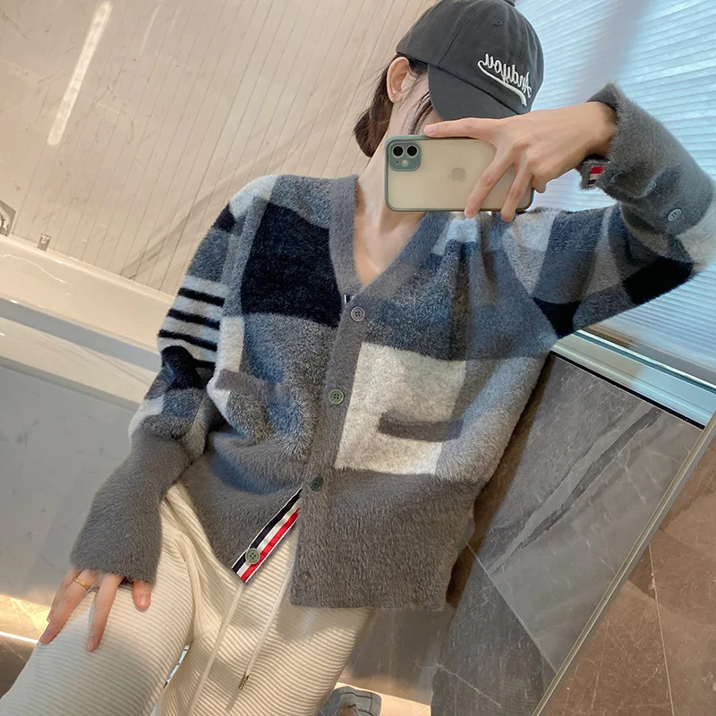 

Женский флисовый свитер TB, золотистый кардиган из меха норки в японском стиле ретро, свободный мягкий вязаный жакет с напуском на осень