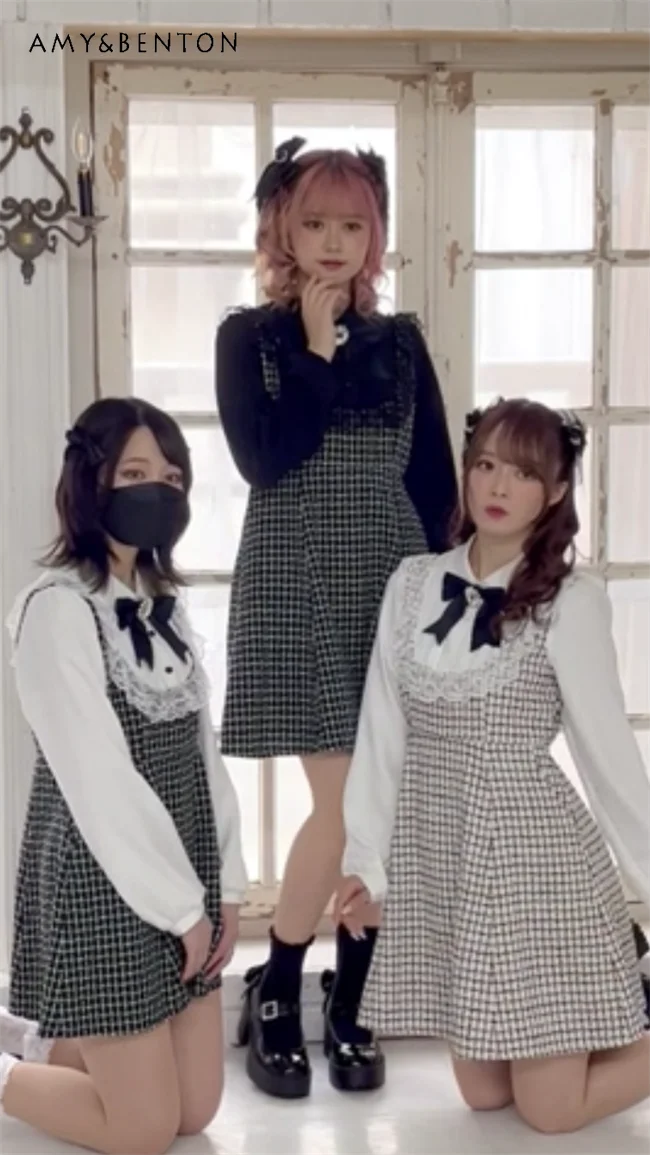 

Новинка весна-осень японское платье женское милое клетчатое кружевное платье с контролируемой талией женское стройнящее платье с длинным рукавом