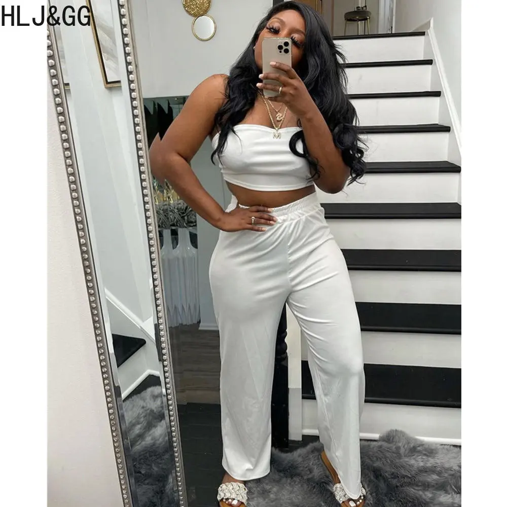 

HLJ&GG Sexy Off Shoulder Two Piece Sets Women Sleeveless Crop Top And Straight Pants Tracksuits Fashion Solid Color 2pcs Outfits