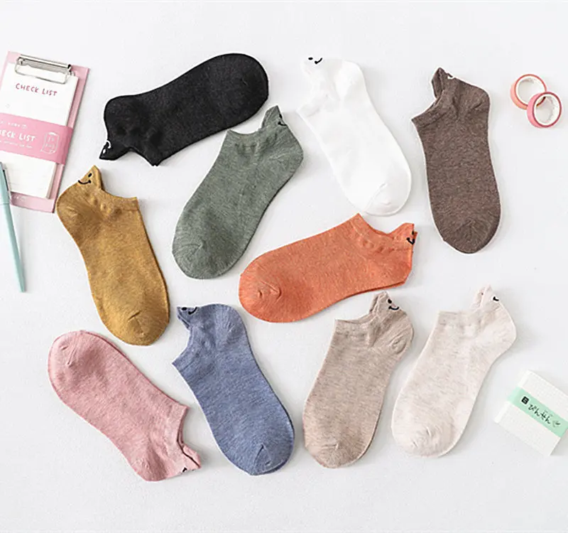 5/10Pairs Spring Summer Female Socks Japanese Lovely Personality Heel Embroidered Smiling Face Lovers Solid Cotton Ankle Socks