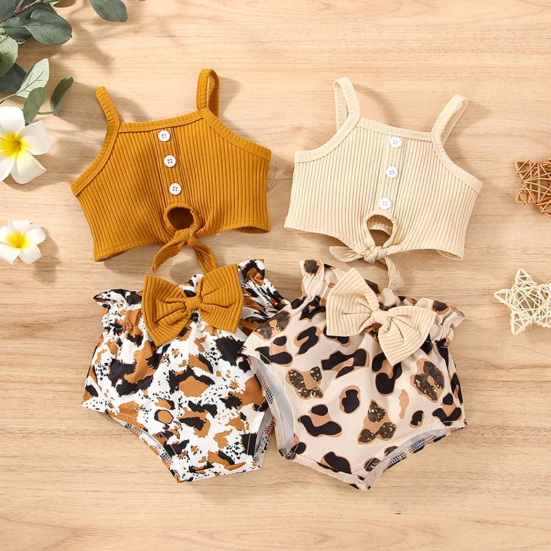

Newborn Toddler Baby's Clothes Girls 2PCS Summer Outfits Sleeveless Knot Front Ribbed Knit Tops Shorts Children's Clothing Set