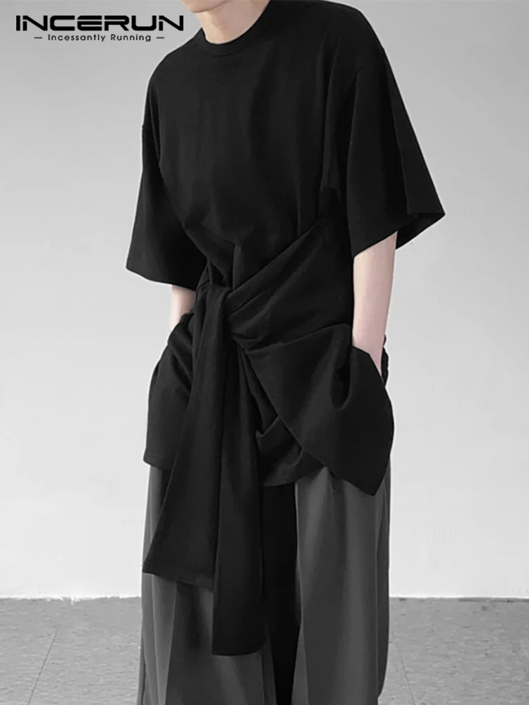 

Футболка INCERUN мужская с круглым вырезом, однотонная Повседневная модная рубашка с коротким рукавом, на шнуровке, в стиле High Street, свободного п...