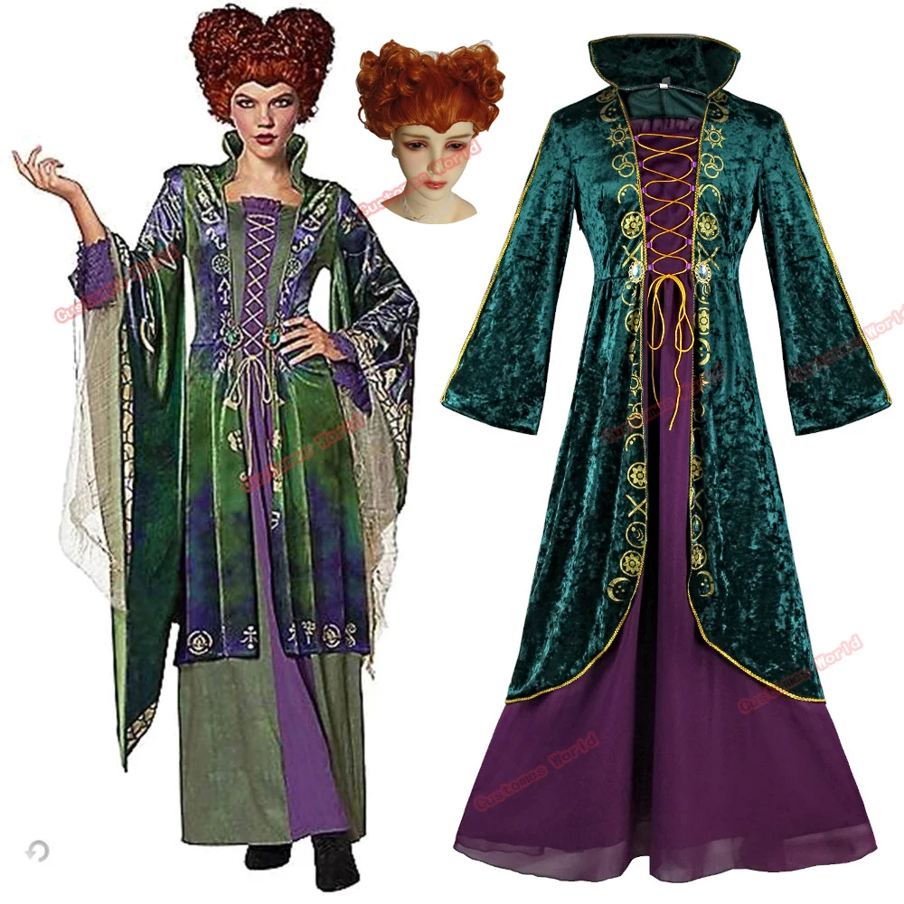 

Костюм для косплея Winifred Sanderson Женский, зеленая одежда для взрослых, костюм ведьмы хокуса покуса, короткий Auburn, парики для косплея