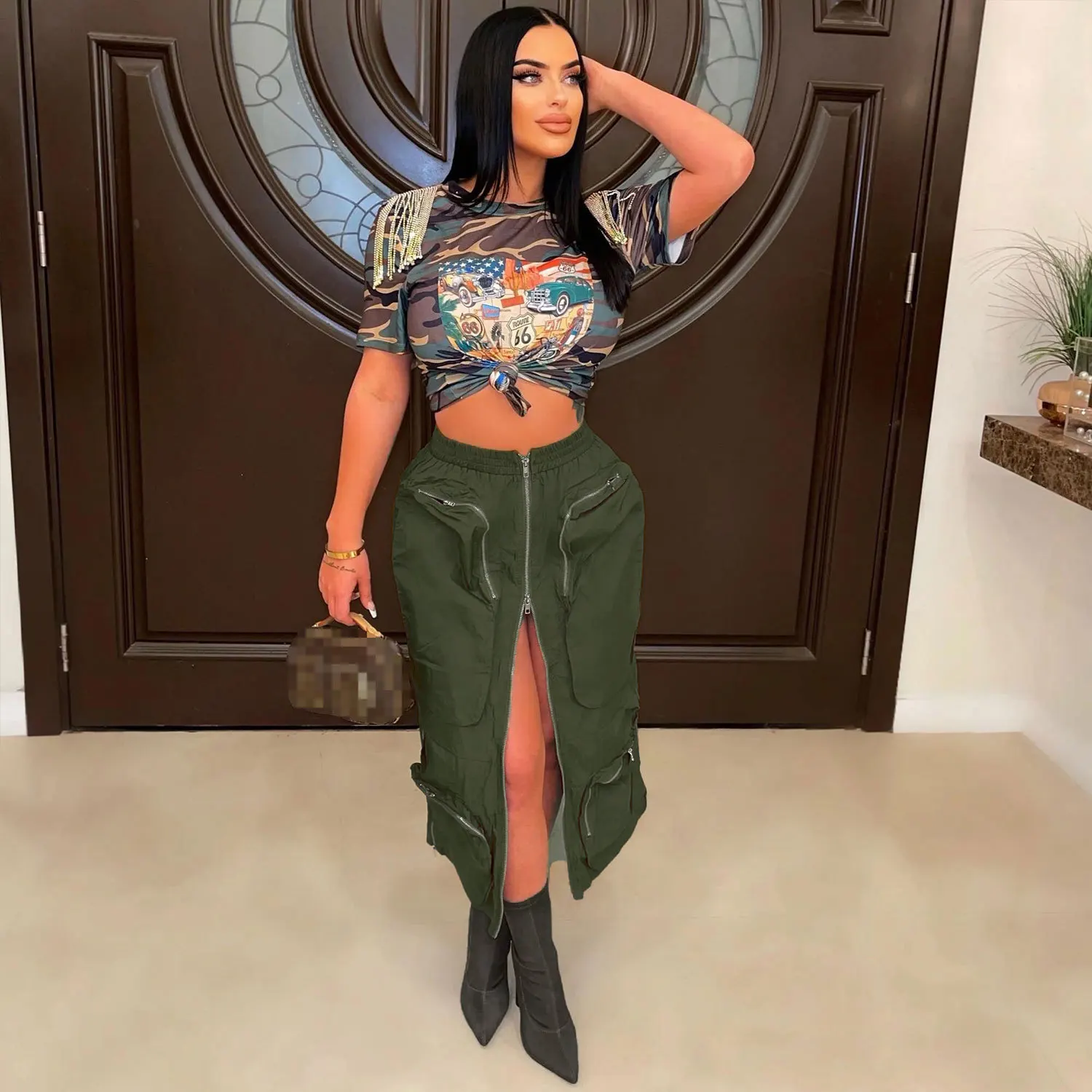 

Plus Size Women Skirts 3XL Plus Hip Hop Highstreet Split Zipper Skirts Large Pocket Design Elastic High Waist Female Skirts