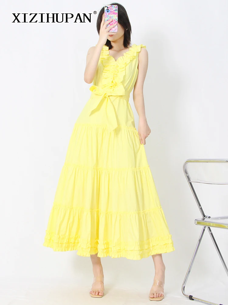 

XIZIHUPAN Elegant Long Dress For Women V Neck Sleeveless Patchwork Ruched High Waist A Line Midi Dresses Female Fashion Clothing