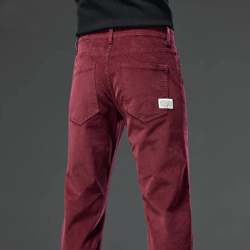 

2023 Men's Corduroy Elasticity Casual Pants Autumn Winter New Fashion Regular Business Straight Trousers Brand Wine Red Khaki