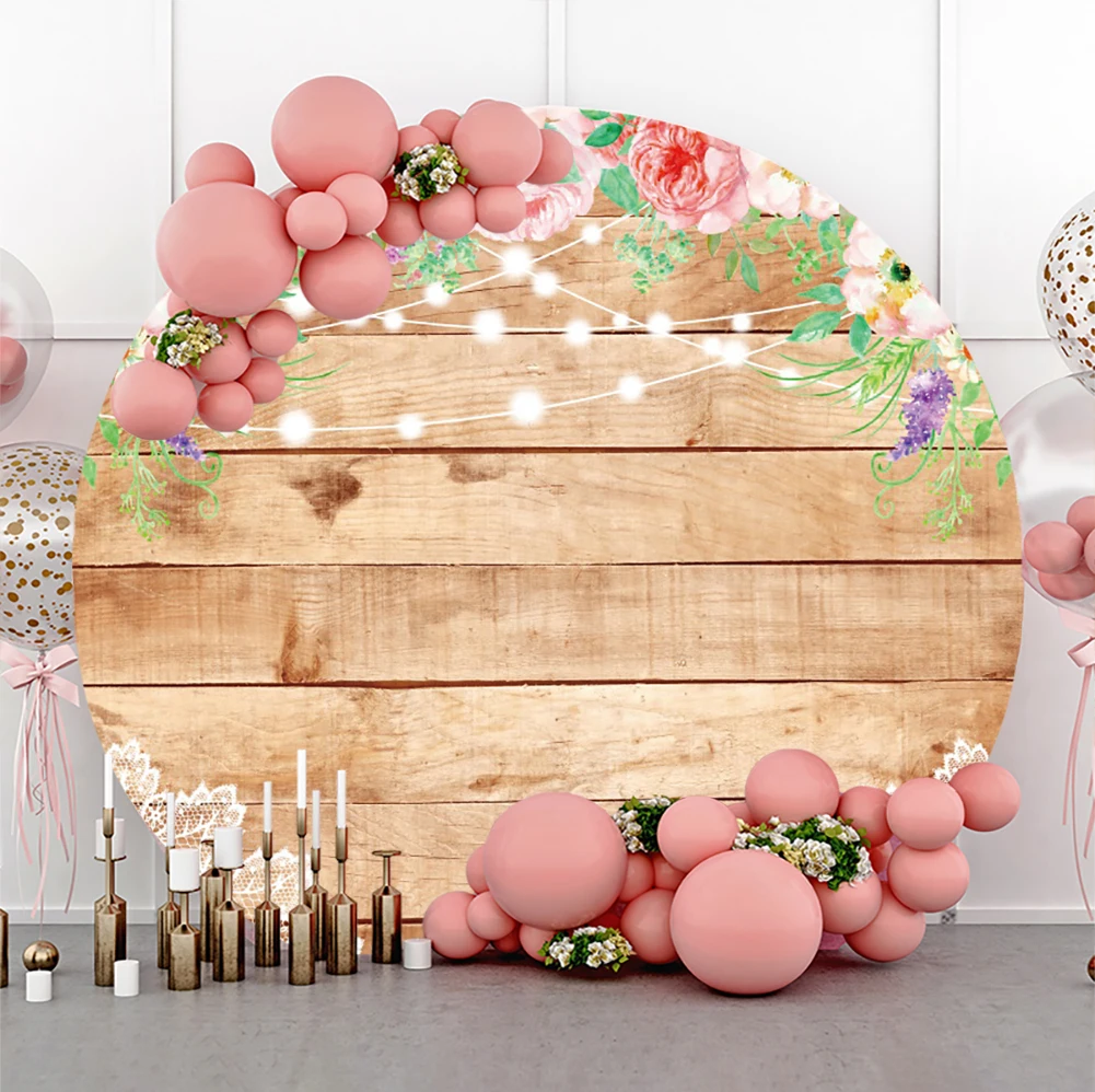 

Pink Floral Wood Board Bridal Shower Photocall Round Backdrop Women Girls Birthday Portrait Customized Photography Background