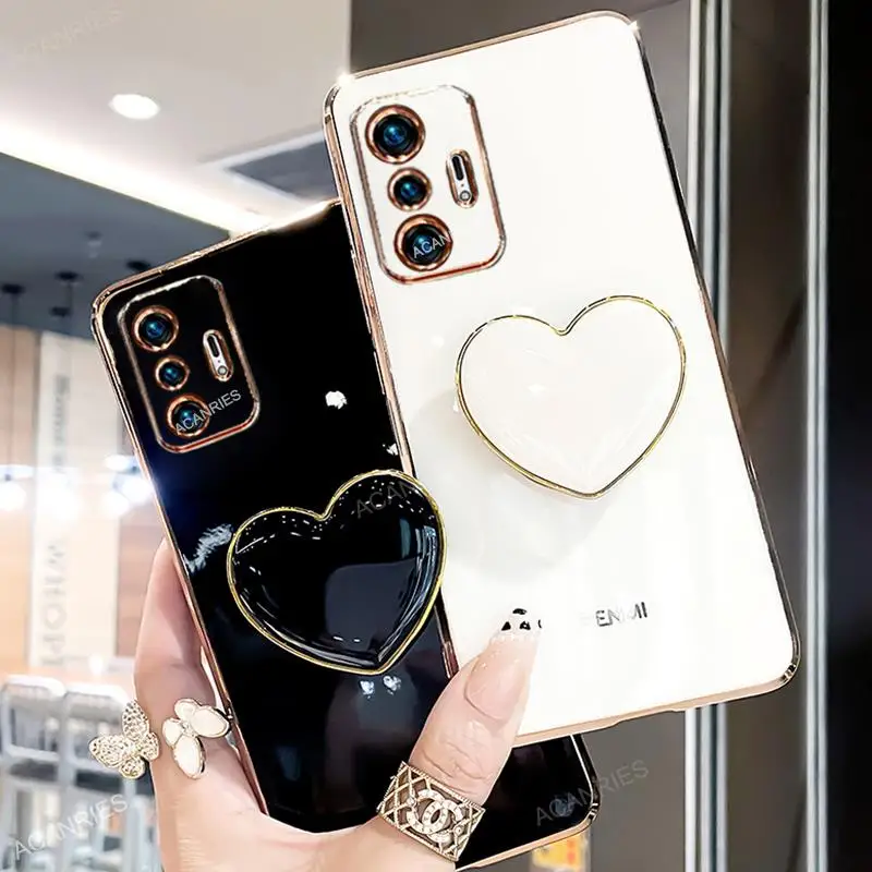 

Phone Case For Xiaomi Mi 11t Pro 11 T Plating Love Heart Fold Holder On Xiomi Mi11T 11tpro Xiaomi11t Luxury Stand Silicone Cover