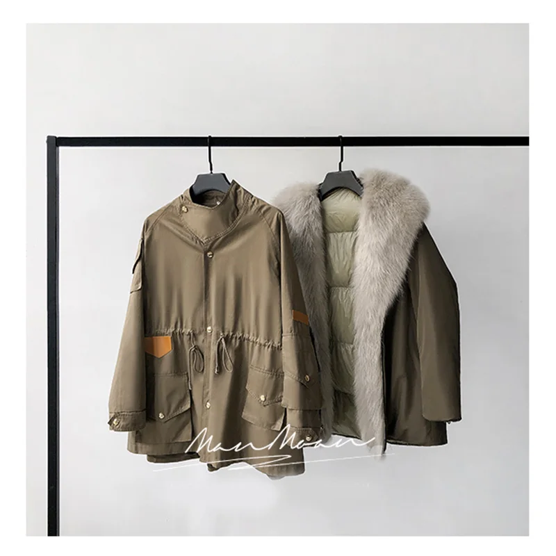 RosEvans High Quality Real Fur Square Collar Parka Coat Winter Women Mid-Length Down Feather Liner Fur Jacket Raccoon Fur Collar