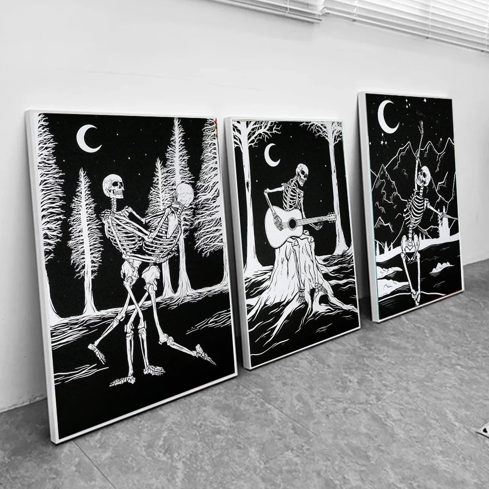 

Black White Gothic Skeleton Canvas Painting Wall Art Dark Academia Art Abstract Skull Poster Prints For Living Room Home Decor
