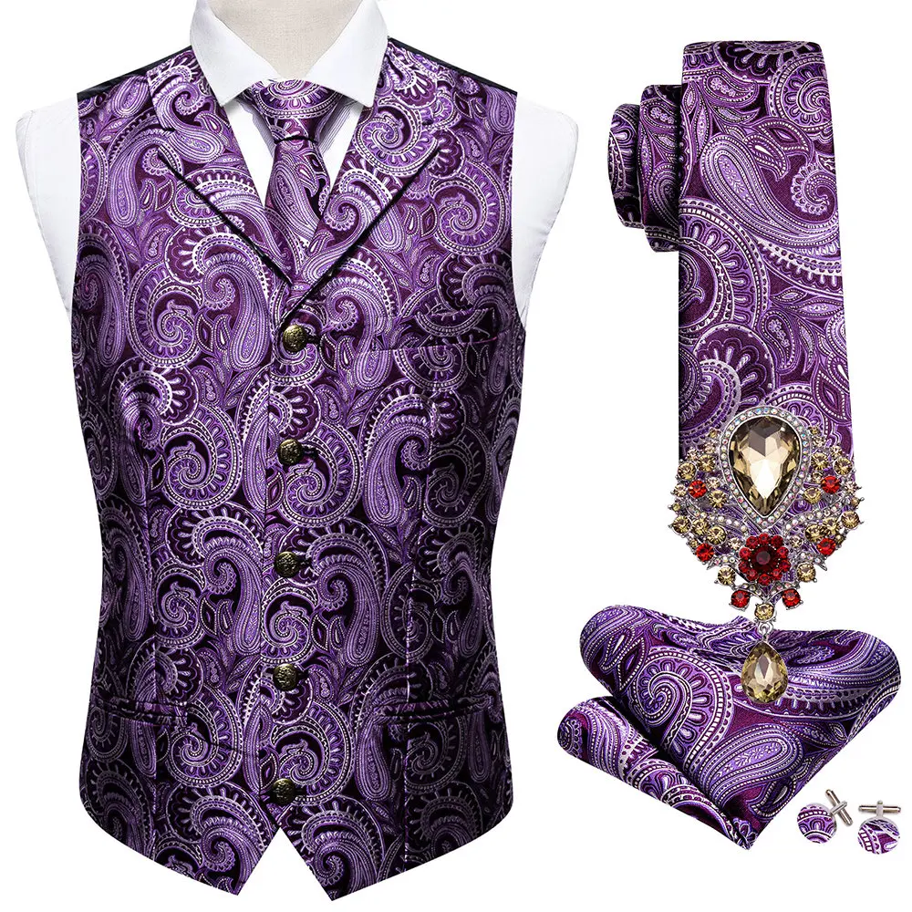 

Mens Suit Vest Lapel V Neck Silk Casual Sapphire Purple Paisley Waistcoat Casual Formal Groomsman Jacket Men Wedding Barry.Wang