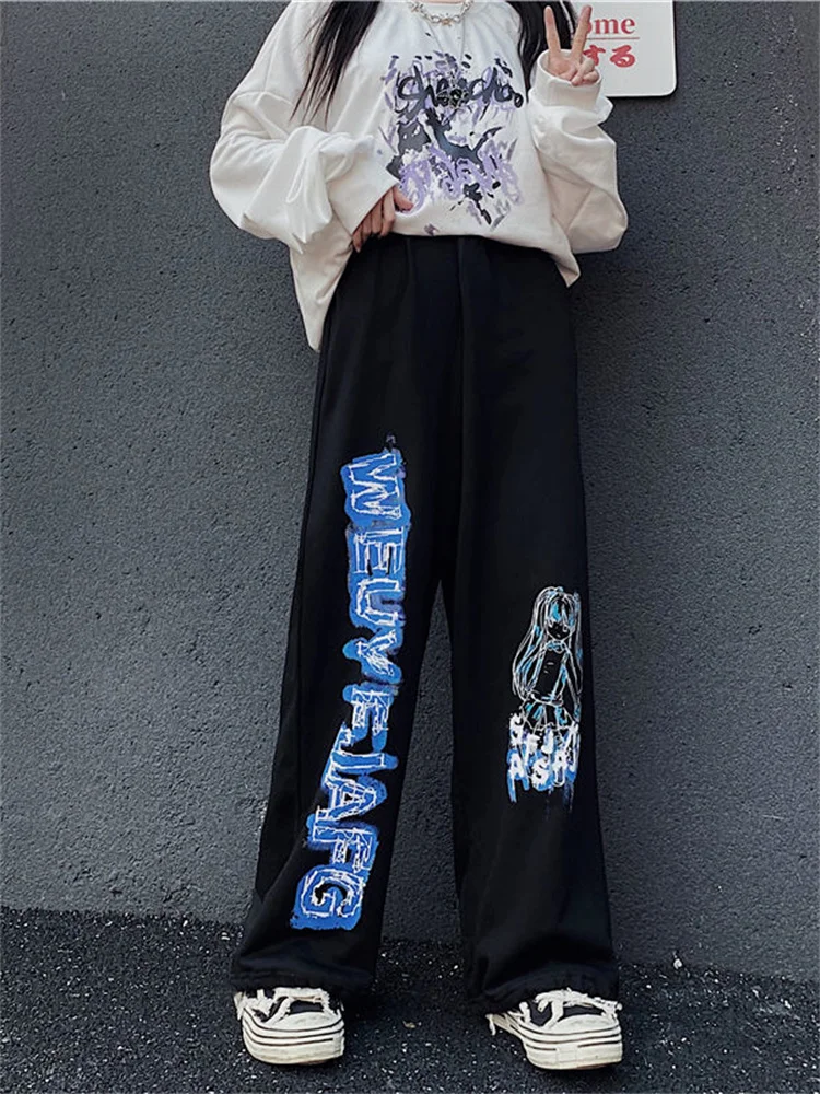 QWEEK Anime Print Wide Leg Pants Women Harajuku Streetwear Alt Oversize Jogging Sweatpants Baggy Korean Fashion Joggers Trousers