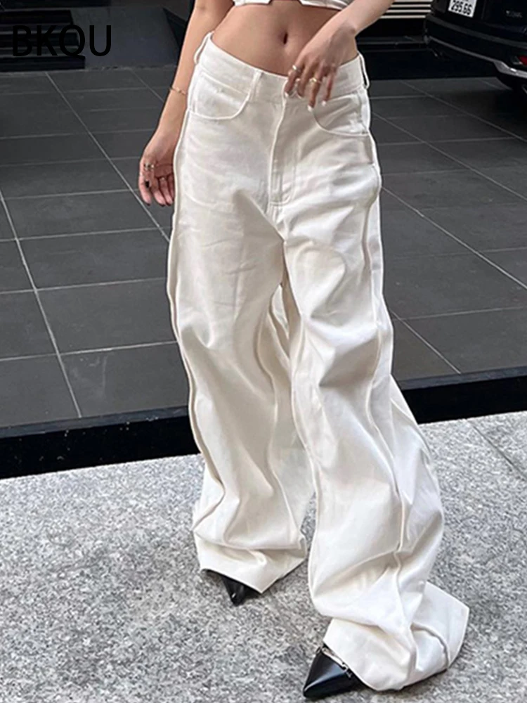 BKQU Women Jeans Low Waisted Wide Leg Pants Oversized 2023 Y2K Aesthetics Solid Loose Patchwork Denim Trousers Female Streetwear