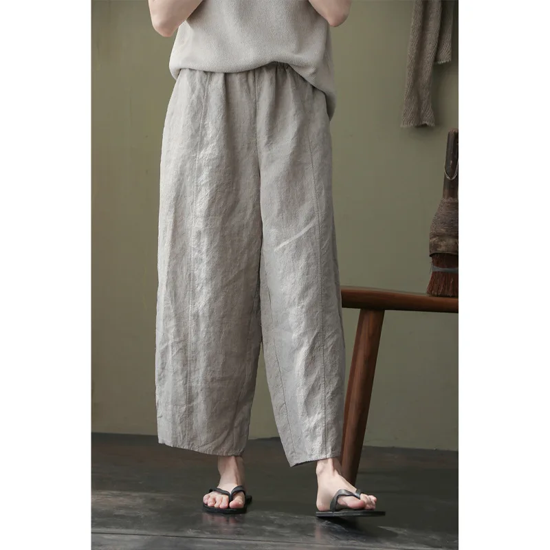 New 100% Linen Elastic Waist Loose Tapered Ninth Pants Casual Carrot Pants Spring Summer Autumn Ladies Pants