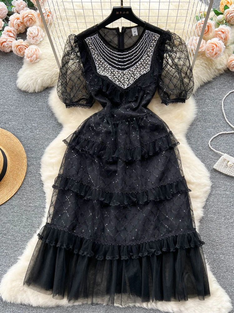 

Новинка, винтажное весенне-летнее однотонное тонкое Короткое женское платье FMFSSOM, трапециевидный шифоновый пуловер с круглым вырезом, женские платья с высокой талией