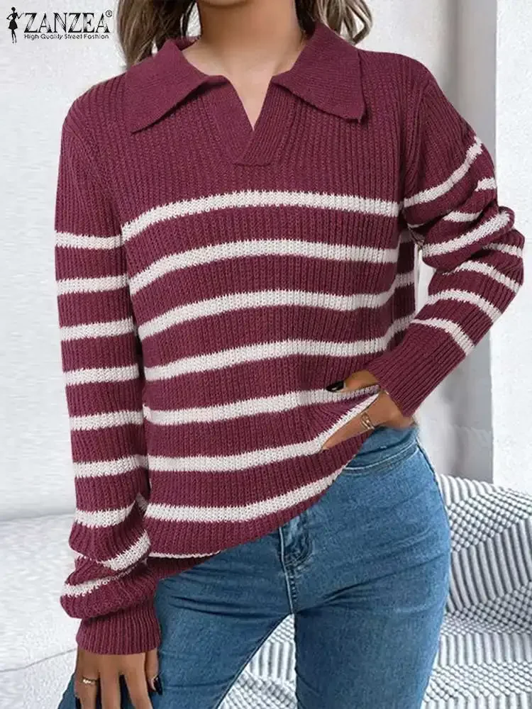 ZANZEA уличная одежда вязаные джемперы с отложным воротником в полоску модные