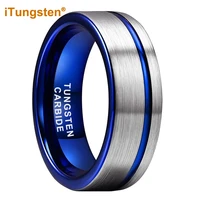 itungsten 8mm dropshipping blue tungsten carbide ring men women trendy engagement wedding band offset line pipe cut comfort fit