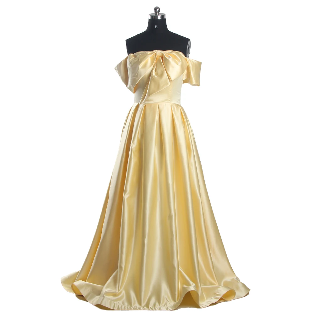 

Evening Dresses Shiny Satin Golden Bow Off the Shoulder Lace up A-line Floor Length Plus size Pleat Lady party Dress B1950