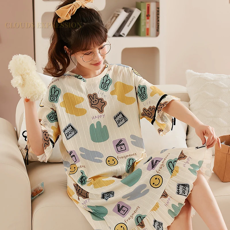 الصيف M-3XL محبوك القطن فستان سهرة الكرتون طباعة المرأة قمصان النوم قمصان النوم الفتيات قمصان النوم Kawaii Homewear نوم