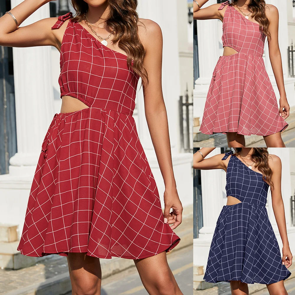 2022 summer women's new plaid slanted shoulder strap hollow elastic waist dress Elegant Chic Sleeveless Mini sexy woman dresses |