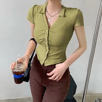 polo collar t shirt womens short sleeved fashion pleated button cardigan summer solid color v neck sexy crop top korean version