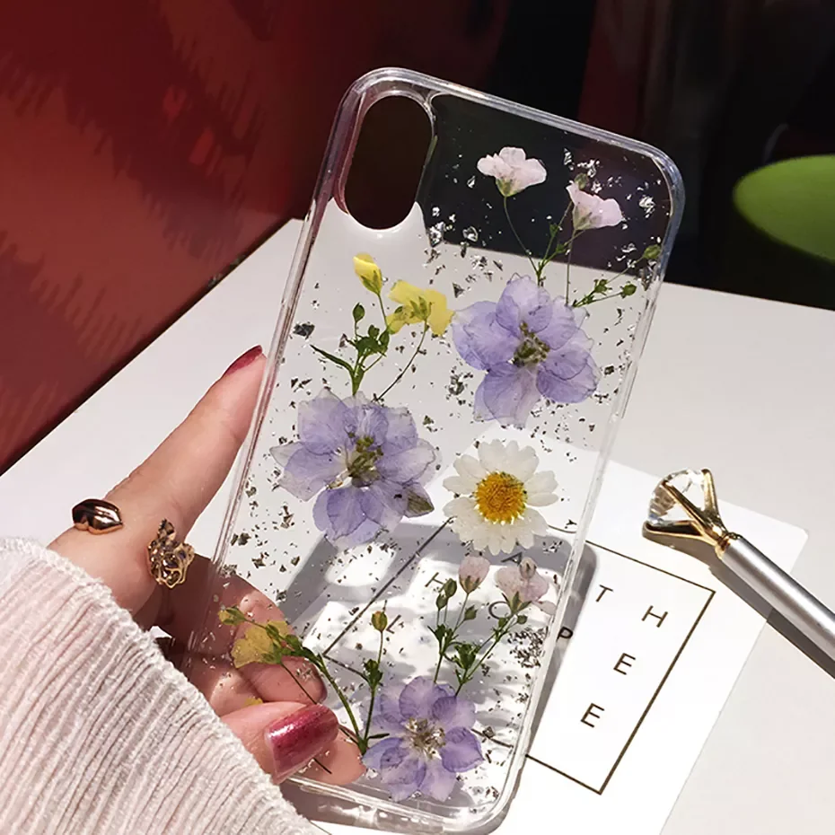 

NEW2023 Qianliyao Dried Flower Silver foil Clear Phone Cases For iPhone 12 11 Pro Max XS Max XR X 6 6S 7 8 Plus SE Soft Silicone
