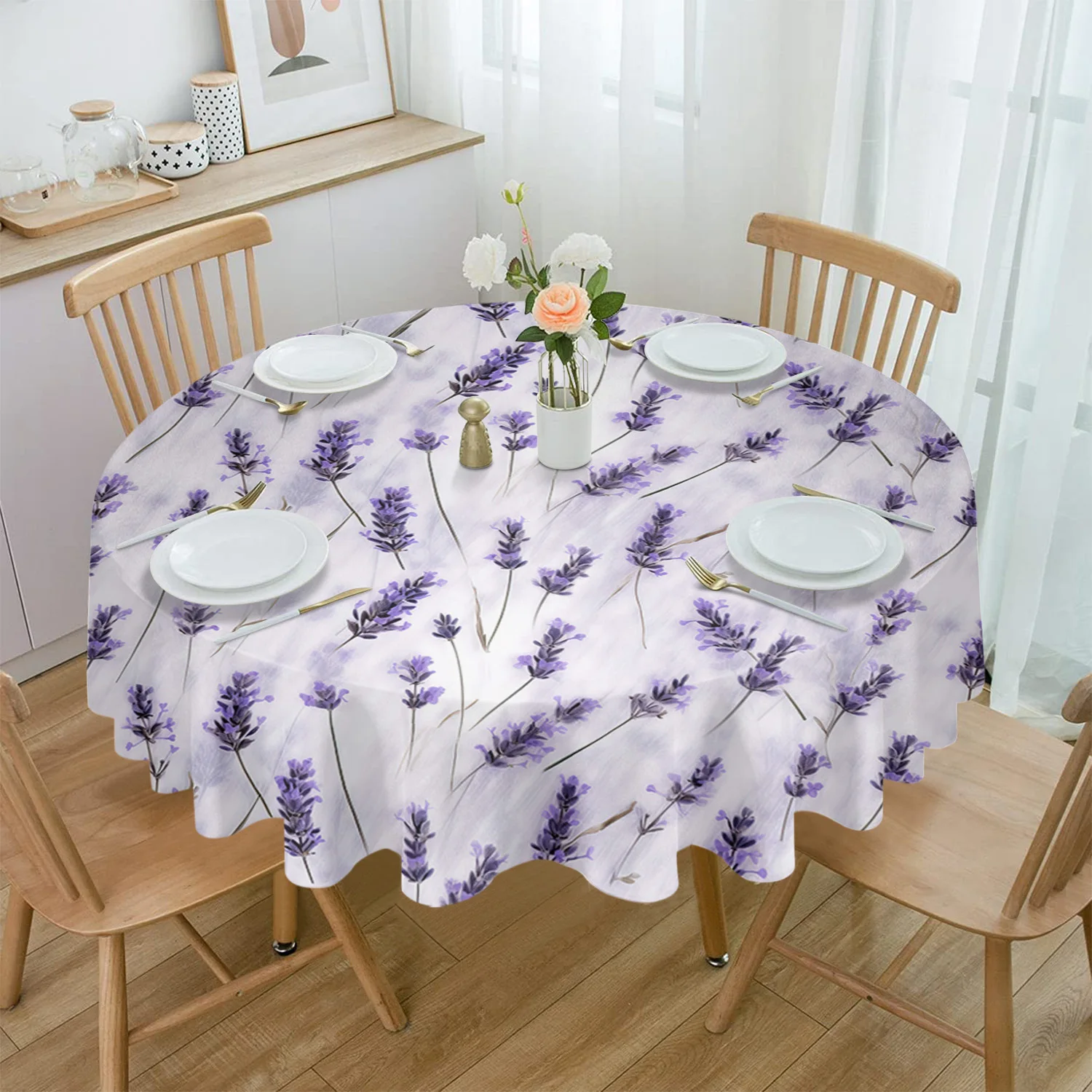 

Lavender Flowers Watercolor Tablecloths for Dining Table Waterproof Round Table Cover for Kitchen Living Room