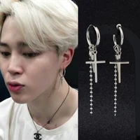bts 795 stainless steel cross pendant chain earrings korea kpop long tassel unisex ear clip fashion men women punk jewelry