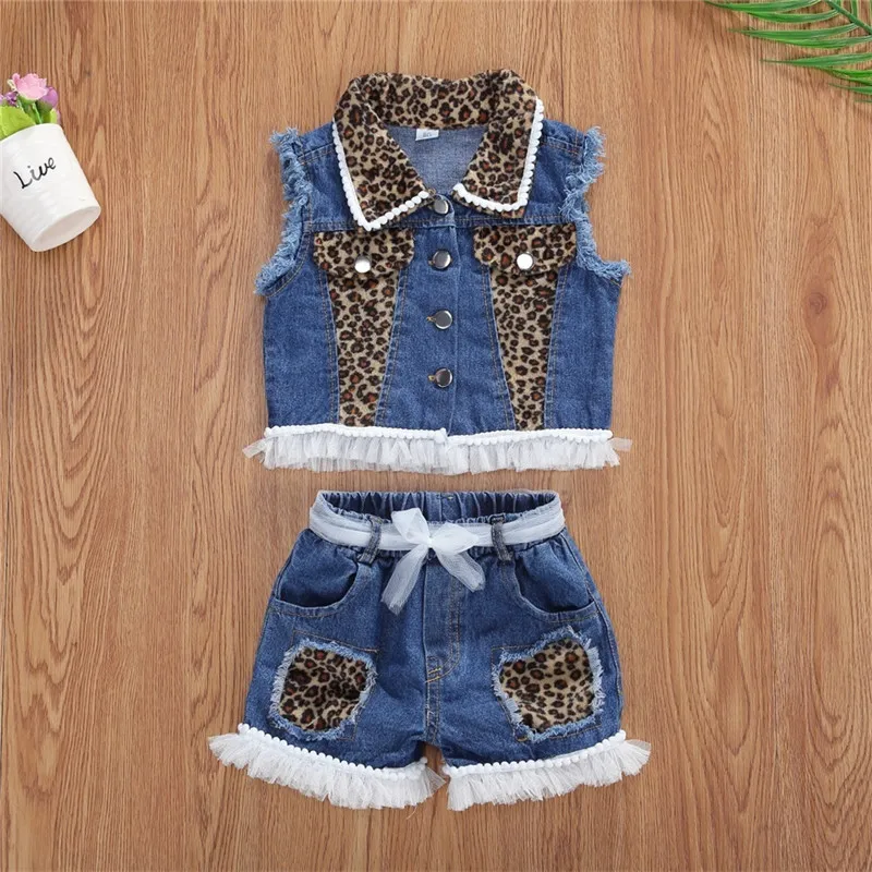 

Print Leopard Suits Girls Print Sleeveless Casual Sets Denim Top Girls + Denim Outfit Denim 1-6years Baby Shorts Leopard