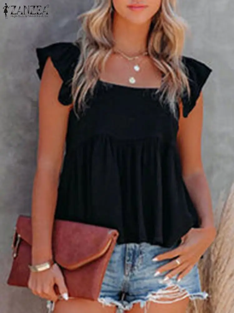 

ZANZEA Women Fashion Work Blouse 2023 Ruffled Sleeveless Square Neck Tank Tops Summer Holiday Loose Casual Tee Shirt Vest Blouse