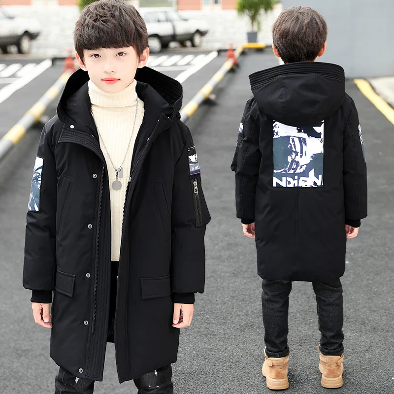 

Boys Winter Jacket Snow Wear Children Black Outerwear Long Style Hooded Parkas Teens Thick Coats Kids Warm Overcoat 8 10 12 14 Y