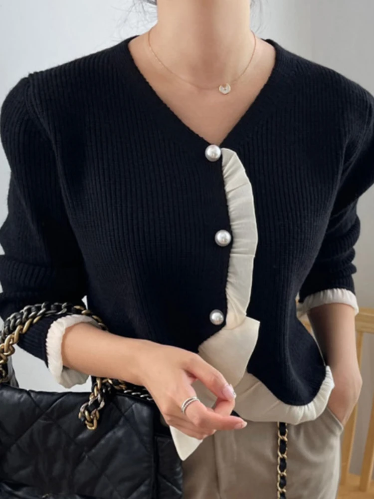 

Винтажный Вязаный топ с V-образным вырезом и жемчужными пуговицами, контрастные цвета, кардиган со сращением по бокам гриба, осенний Новый с...