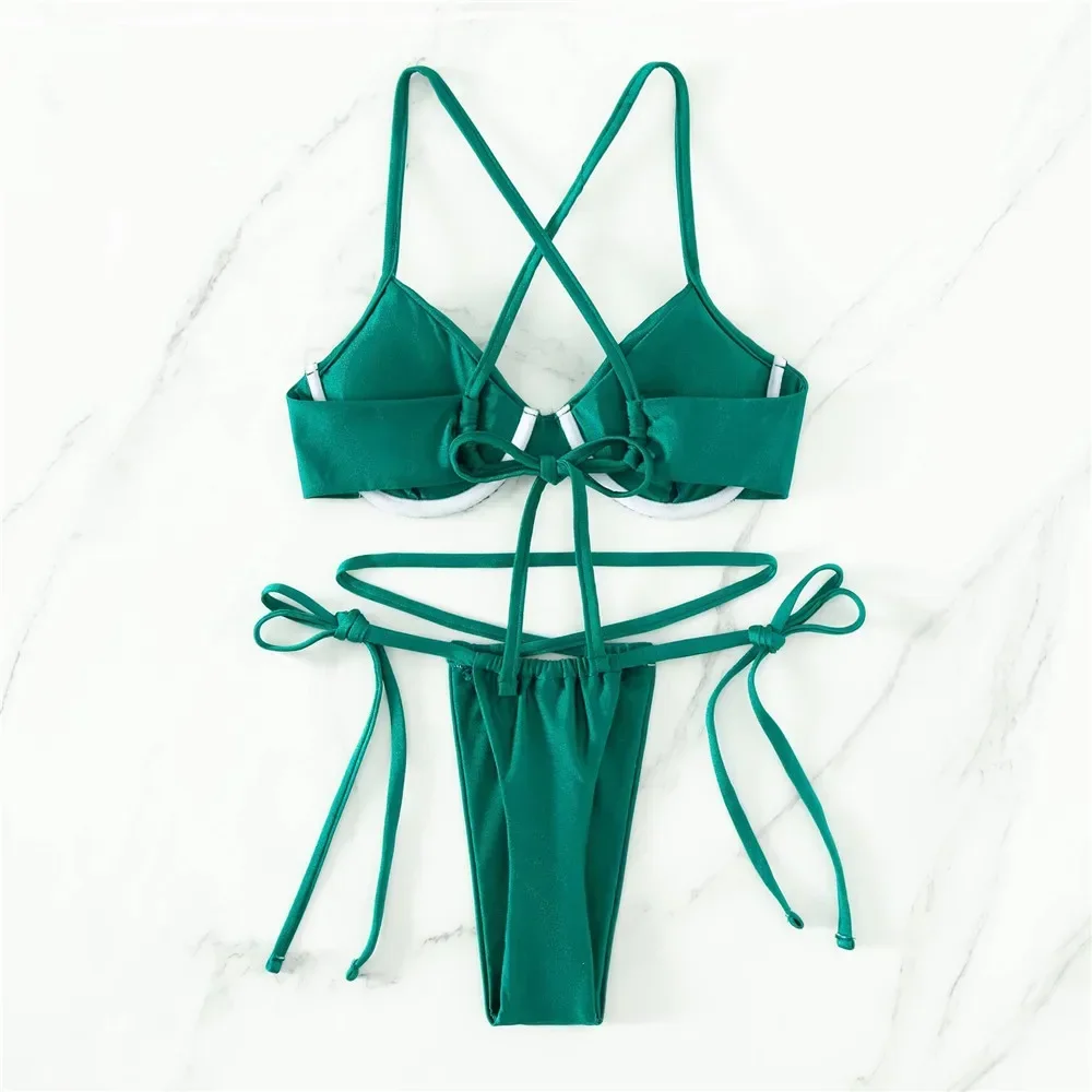 Сексуальное розовое микро-бикини с перекрестными завязками 2024 женский купальник