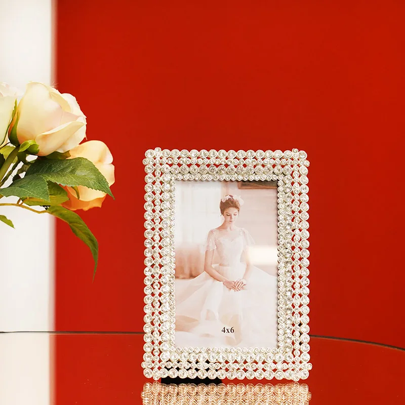 

Silver Metal Photo Frame 6 Inch Diamond-Encrusted Fashion Ornaments Home Decoration Rectangular 7 In Picture Frame Wedding Gift