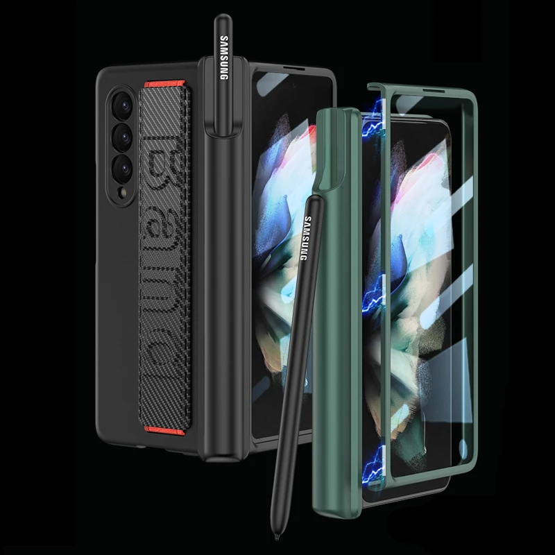 

Защитный чехол с магнитными петлями для Samsung Galaxy Z Fold 3 5G Fold3, чехол с ремешком на запястье, стеклянная пленка, держатель для ручек ZFold3, жесткий корпус